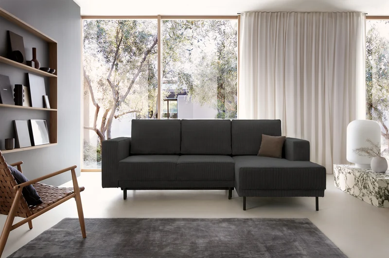 Ecksofa mit Schlaffunktion Rodario Mini, L-förmig, mit Stauraum, dunkelgrauer Cordstoff, rechtsseitig