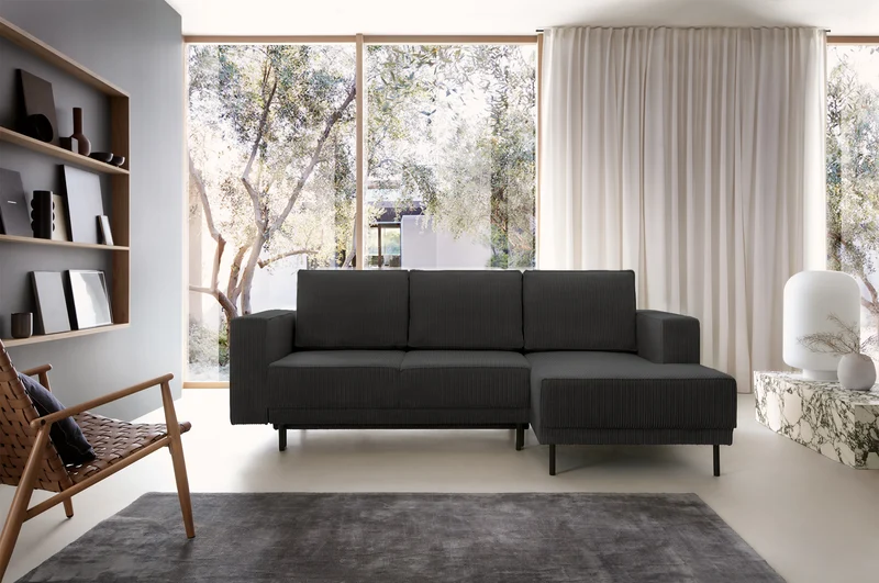 Ecksofa mit Schlaffunktion Rodario Mini, L-förmig, mit Stauraum, dunkelgrauer Cordstoff, rechtsseitig