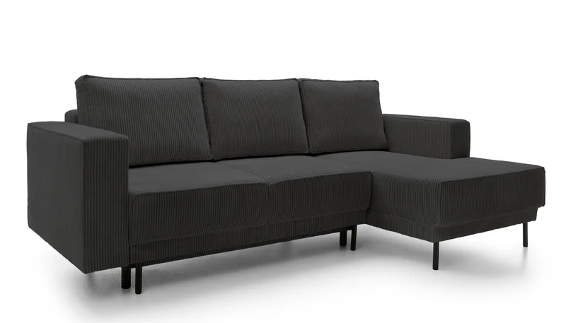 Ecksofa mit Schlaffunktion Rodario Mini, L-förmig, mit Stauraum, dunkelgrauer Cordstoff, rechtsseitig