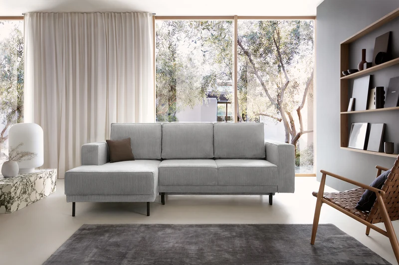 Ecksofa mit Schlafunktion Rodario Mini, L-förmig, mit Stauraum, hellgrauer Cord, linksseitig