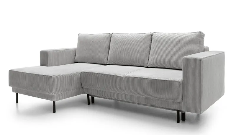 Ecksofa mit Schlafunktion Rodario Mini, L-förmig, mit Stauraum, hellgrauer Cord, linksseitig