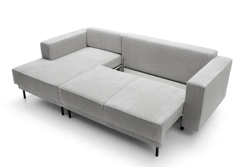 Ecksofa mit Schlafunktion Rodario Mini, L-förmig, mit Stauraum, hellgrauer Cord, linksseitig
