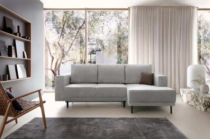 Ecksofa mit Schlaffunktion Rodario Mini, L-förmig, mit Stauraum, hellgrauer Cordstoff, rechtsseitig