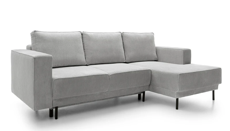 Ecksofa mit Schlaffunktion Rodario Mini, L-förmig, mit Stauraum, hellgrauer Cordstoff, rechtsseitig
