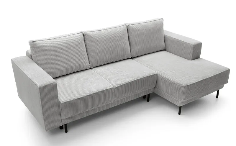 Ecksofa mit Schlaffunktion Rodario Mini, L-förmig, mit Stauraum, hellgrauer Cordstoff, rechtsseitig