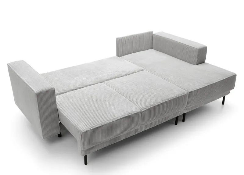 Ecksofa mit Schlaffunktion Rodario Mini, L-förmig, mit Stauraum, hellgrauer Cordstoff, rechtsseitig