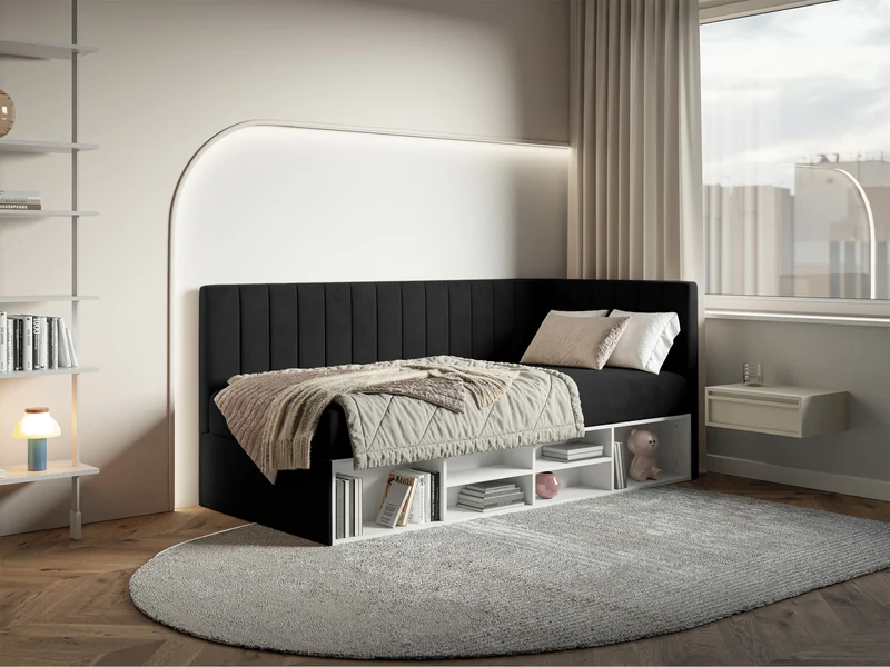 Jugendbett 90x200 cm Ventrio rechtsseitig mit Stauraum und Regalen, schwarzer Velours, wasserabweisend und leicht zu reinigen