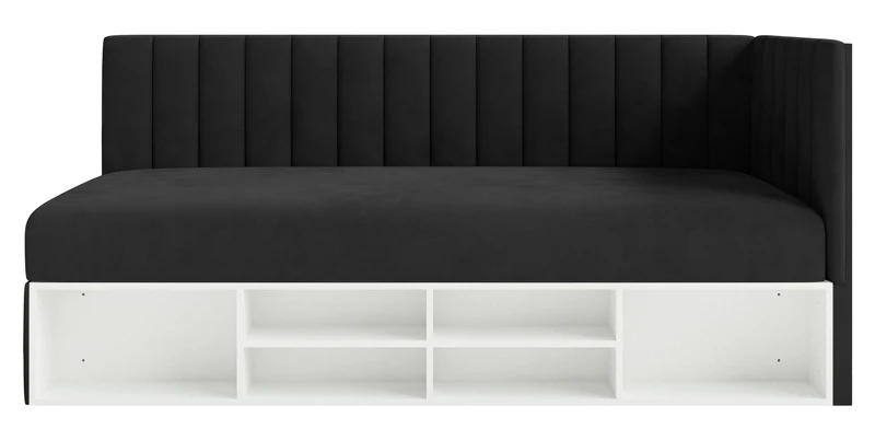 Jugendbett 90x200 cm Ventrio rechtsseitig mit Stauraum und Regalen, schwarzer Velours, wasserabweisend und leicht zu reinigen