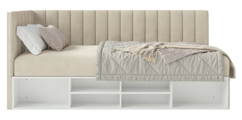 Jugendbett 90x200 cm Ventrio linksseitig mit Stauraum und Regalen, hellbeiger Velours, wasserabweisend und pflegeleicht