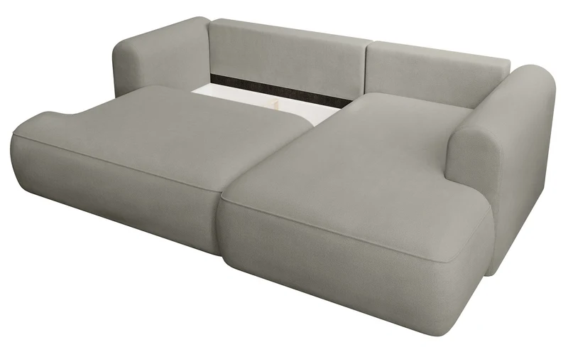 Ecksofa mit Schlaffunktion Ovo mini, L-förmig, rechtsseitig, mit Stauraum, hellgrauer, pflegeleichter Chenille-Stoff