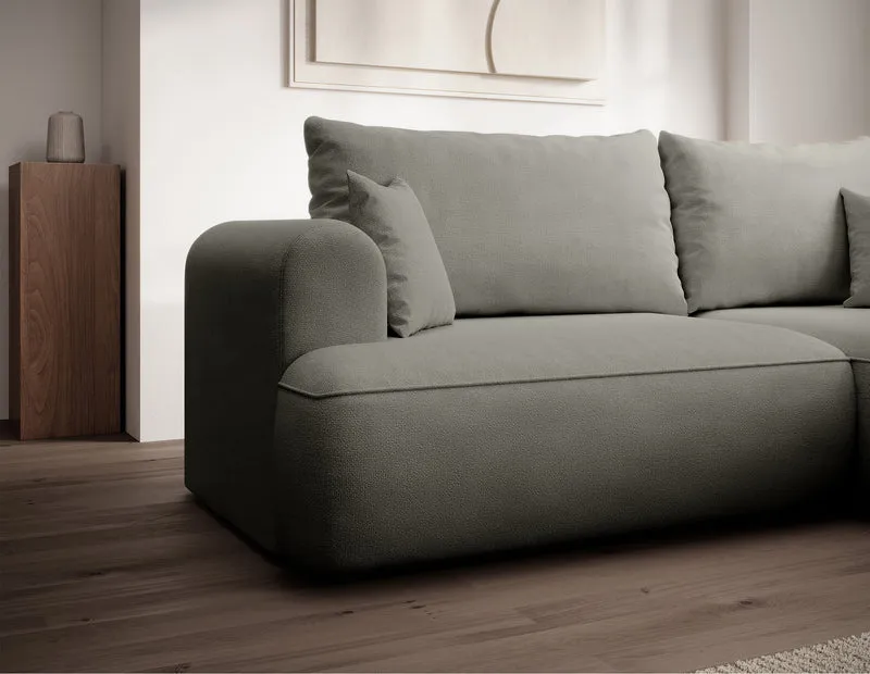 Ecksofa mit Schlaffunktion Ovo mini, L-förmig, rechtsseitig, mit Stauraum, hellgrauer, pflegeleichter Chenille-Stoff