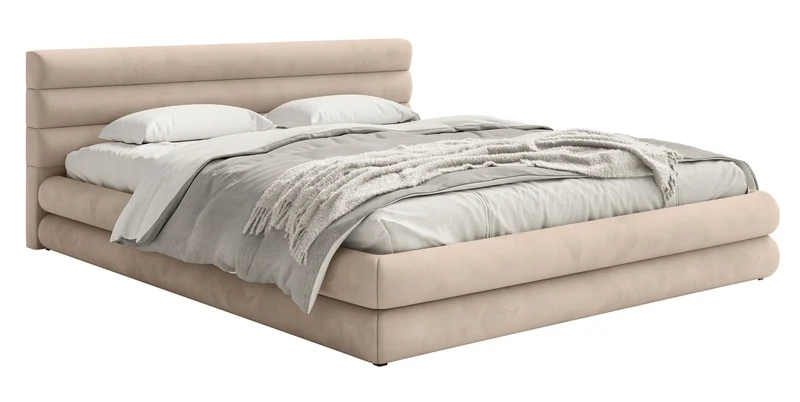 Polsterbett 160x200 cm Alegre mit Bettkasten, beige Velours, wasserabweisend, pflegeleicht, Metallrahmen