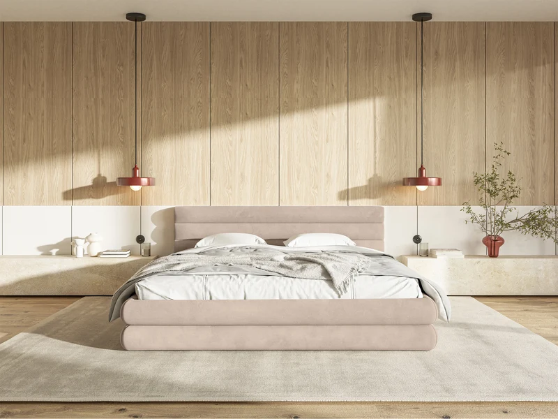 Polsterbett 160x200 cm Alegre mit Bettkasten, beige Velours, wasserabweisend, pflegeleicht, Metallrahmen