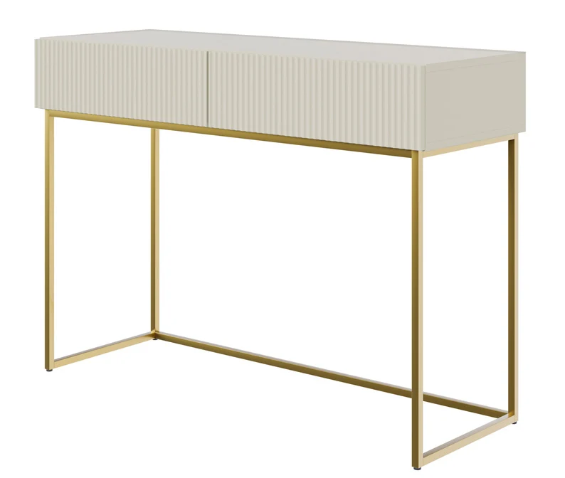 Schminktisch Veldio mit gefräster Front und zwei Schubladen, 110 cm, grau-beige mit goldenen Beinen