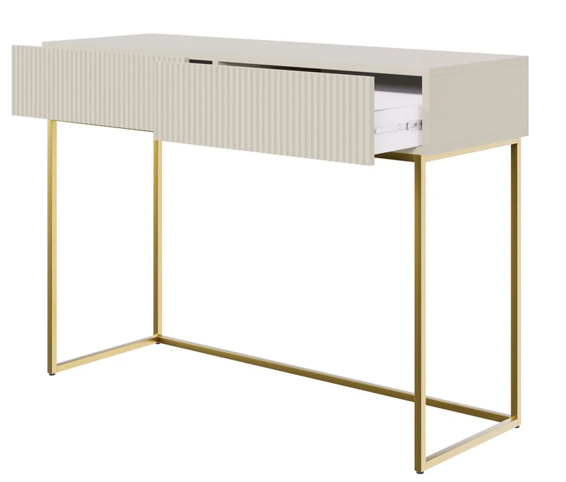 Schminktisch Veldio mit gefräster Front und zwei Schubladen, 110 cm, grau-beige mit goldenen Beinen
