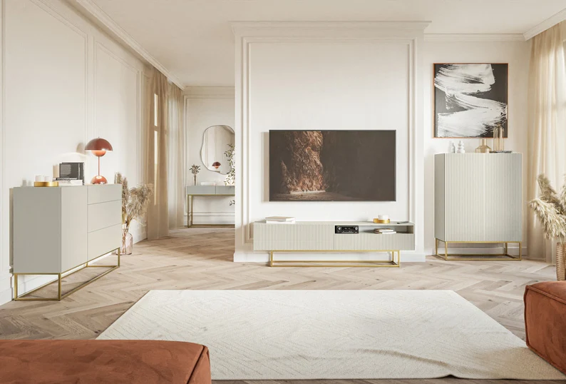 Schminktisch Veldio mit gefräster Front und zwei Schubladen, 110 cm, grau-beige mit goldenen Beinen