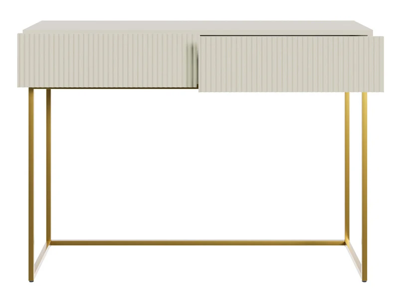 Schminktisch Veldio mit gefräster Front und zwei Schubladen, 110 cm, grau-beige mit goldenen Beinen