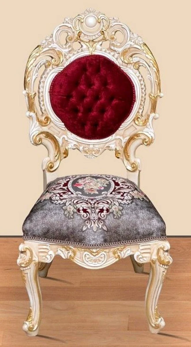 Casa Padrino Barock Esszimmer Set Bordeauxrot / Grau / Weiß / Gold - 1 runder Esstisch & 4 Esszimmerstühle - Prunkvolle Esszimmer Möbel im Barockstil
