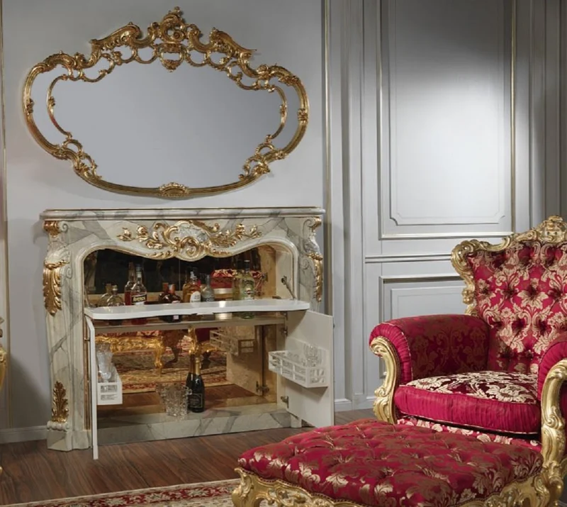 Casa Padrino Luxus Barock Möbel Set Kamin Barschrank mit Wandspiegel Grau / Gold - Verspiegelte Kunstmarmor Kamin Bar mit Spiegel - Hotel Restaurant Schloss Möbel - Luxus Qualität - Made in Italy