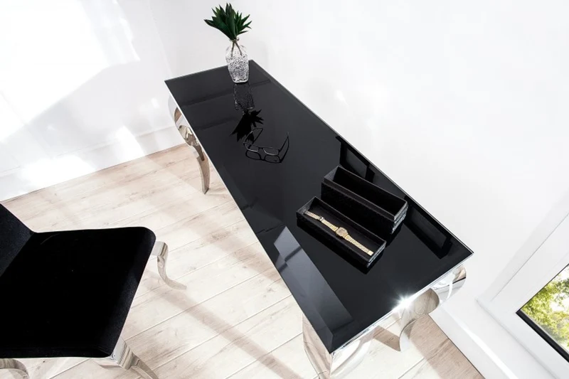 Casa Padrino Designer Konsole B144cm x H75cm x T54cm Schwarz / Silber - Luxus Konsolentisch