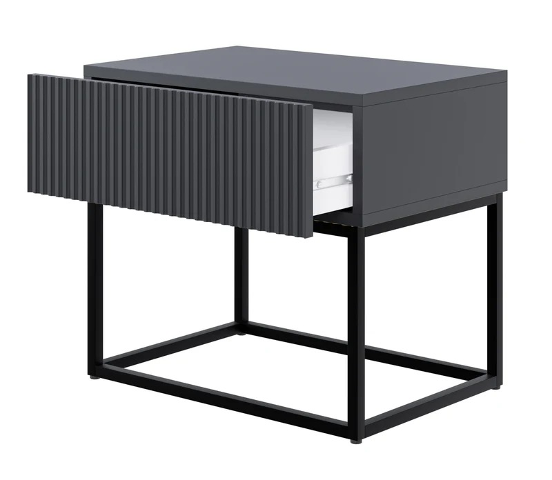 Nachttisch Veldio mit gefräster Front und Schublade 50 cm Schwarz mit schwarzen Beinen