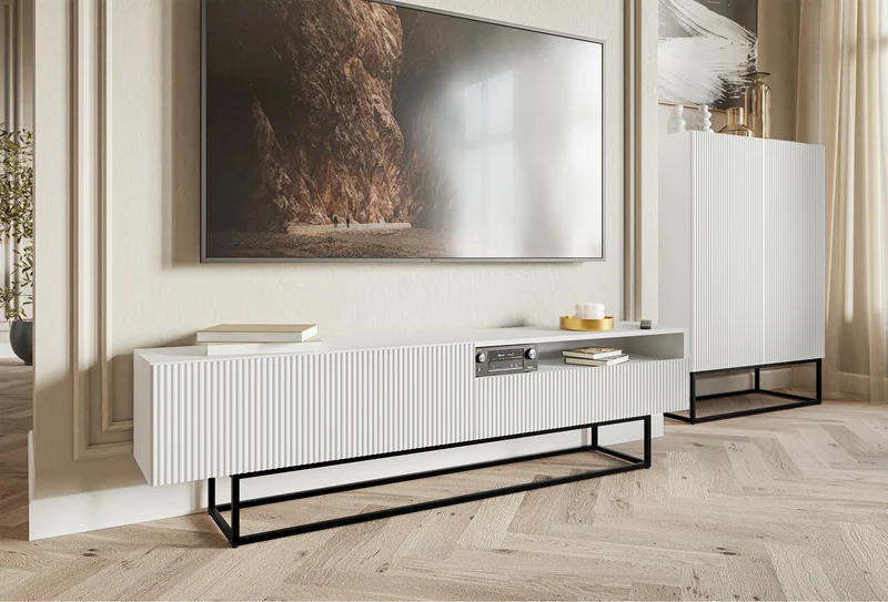 TV-Schrank Veldio mit gefräster Front und Nische, 175 cm, Weiß mit schwarzen Beinen