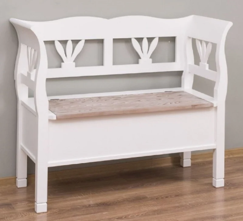 Casa Padrino Landhausstil Sitzbank Weiß / Naturfarben 117 x 48 x H. 92 cm - Massivholz Bank mit Stauraum - Massivholz Möbel - Landhausstil Möbel - Landhausstil Einrichtung
