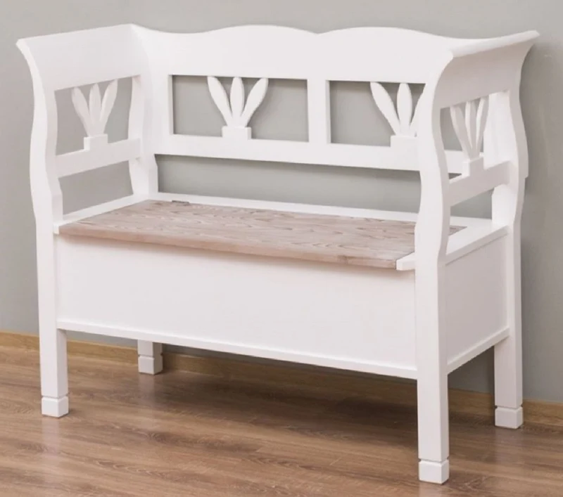 Casa Padrino Landhausstil Sitzbank Weiß / Naturfarben 117 x 48 x H. 92 cm - Massivholz Bank mit Stauraum - Massivholz Möbel - Landhausstil Möbel - Landhausstil Einrichtung