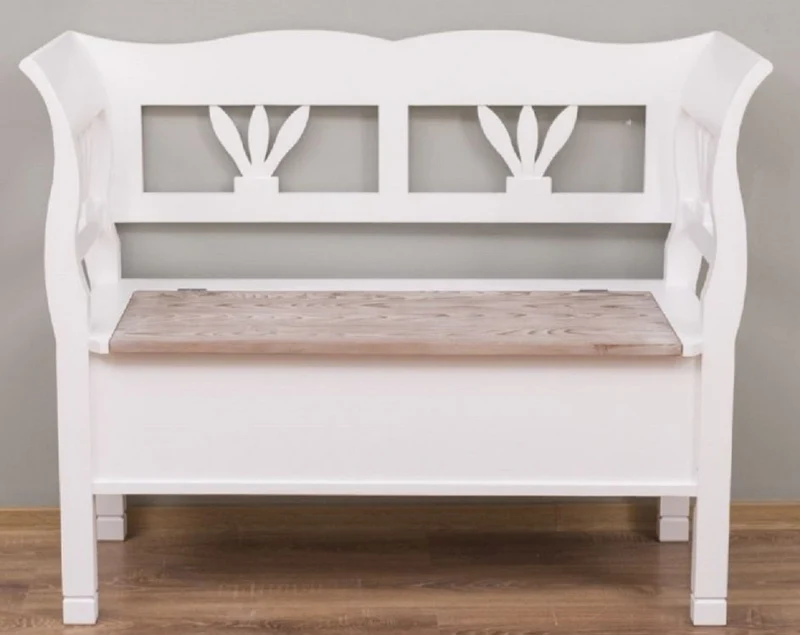 Casa Padrino Landhausstil Sitzbank Weiß / Naturfarben 117 x 48 x H. 92 cm - Massivholz Bank mit Stauraum - Massivholz Möbel - Landhausstil Möbel - Landhausstil Einrichtung