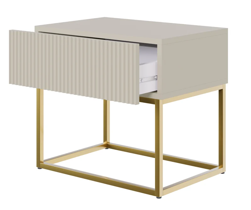 Nachttisch Veldio mit gefräster Front und Schublade, 50 cm, Grau mit goldenen Beinen