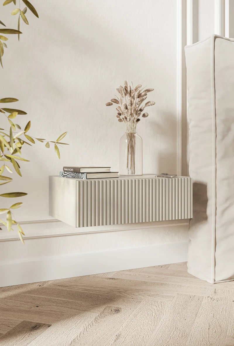 Nachttisch Veldio mit gefräster Front und Schublade 50 cm Grau Beige, hängend