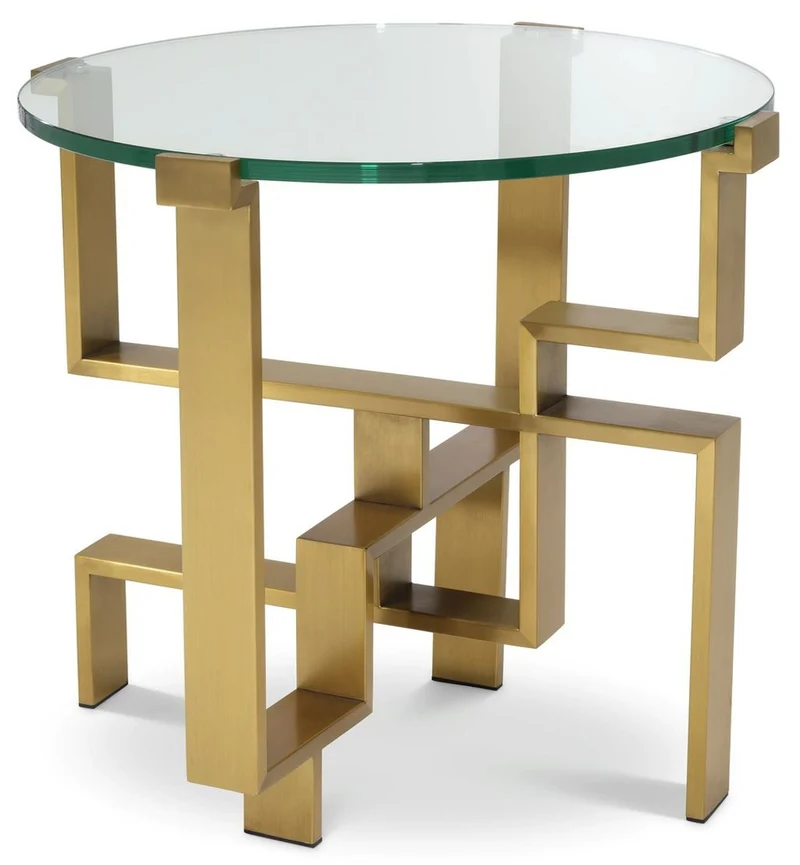 Casa Padrino Luxus Beistelltisch Messing Ø 60 x H. 54,5 cm - Runder Edelstahl Tisch mit Glasplatte - Luxus Möbel - Wohnzimmer Möbel - Hotel Möbel - Luxus Einrichtung - Wohnzimmer Einrichtung