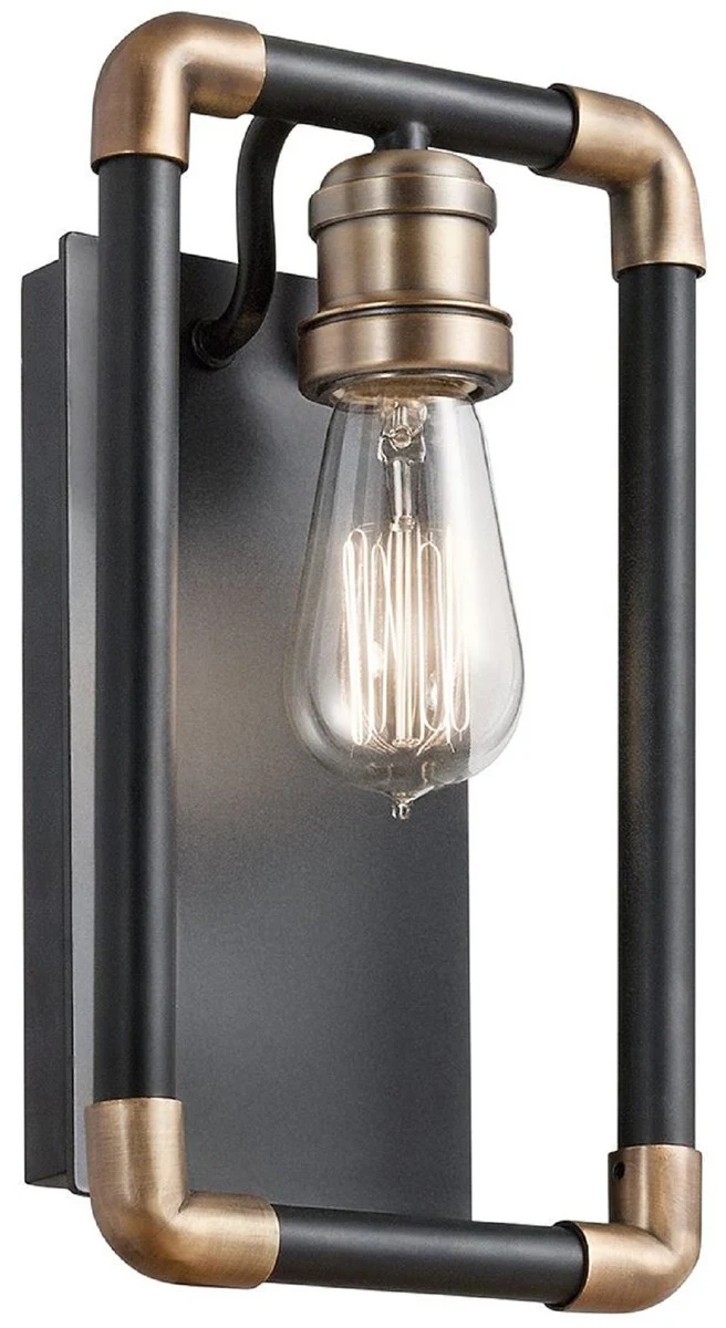 Casa Padrino Luxus Industrial Design Wandleuchte Schwarz / Messingfarben 17,1 x 10,6 x H. 30,5 cm - Elegante Industrie Stil Wandlampe - Industrie Stil Leuchten
