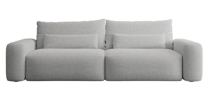 Dreisitziges ausklappbares Sofa Carnos, grauer hydrophober Chenille-Stoff, schwarze Beine