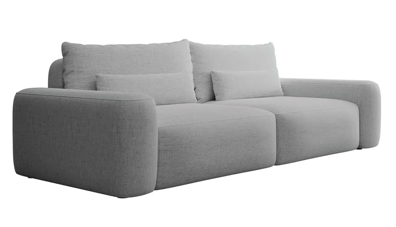 Dreisitziges ausklappbares Sofa Carnos, grauer hydrophober Chenille-Stoff, schwarze Beine