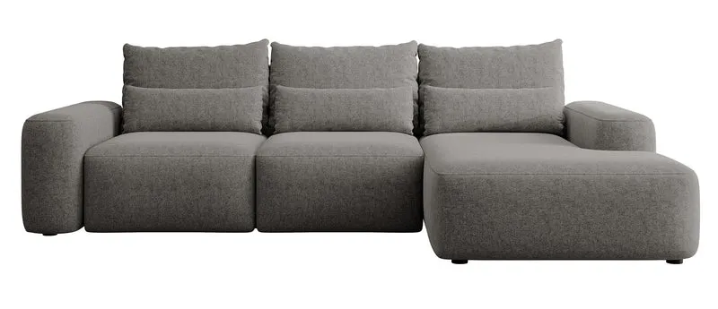 Ecksofa mit Schlaffunktion Carnos, L-förmig, mit zusätzlichen Lendenkissen, dunkelgrauer hydrophober Chenille, rechtsseitig