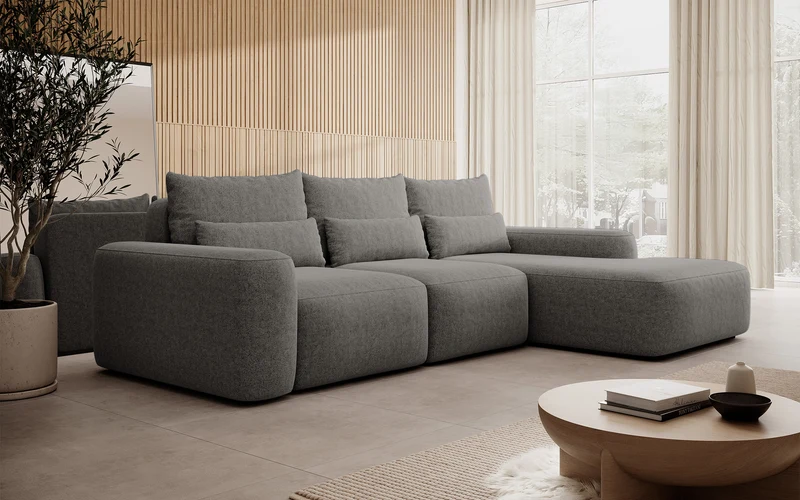 Ecksofa mit Schlaffunktion Carnos, L-förmig, mit zusätzlichen Lendenkissen, dunkelgrauer hydrophober Chenille, rechtsseitig
