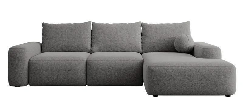 Ecksofa mit Schlaffunktion Carnos, L-förmig, mit Ball, einzelne Kissen, dunkelgrauer hydrophober Chenille-Stoff, rechtsseitig