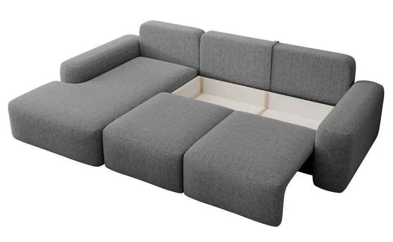 Ecksofa mit Schlaffunktion Carnos, L-förmig mit Ball, einzelne Kissen, dunkelgrauer hydrophober Chenille, linksseitig