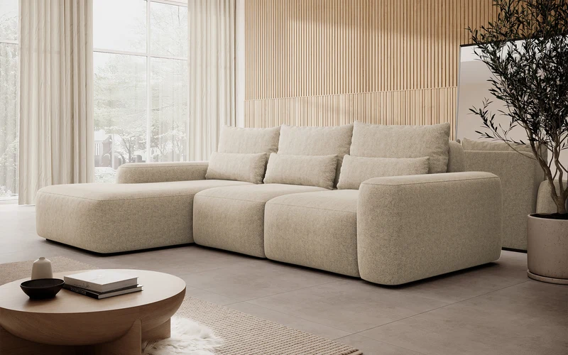 Ecksofa mit Schlaffunktion Carnos, L-förmig, mit zusätzlichen Lendenkissen, beige, hydrophober Chenille-Stoff, linksseitig