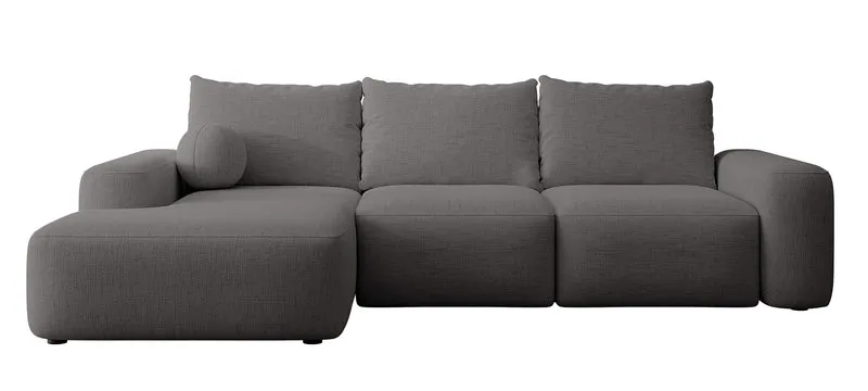 Ecksofa mit Schlaffunktion Carnos, L-förmig mit Ball, einzelne Kissen, dunkelgrauer hydrophober Chenille, linksseitig