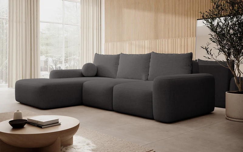 Ecksofa mit Schlaffunktion Carnos, L-förmig mit Ball, einzelne Kissen, dunkelgrauer hydrophober Chenille, linksseitig