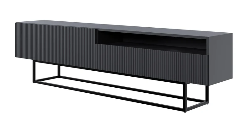 TV-Schrank Veldio mit gefräster Front und Nische, 175 cm, Schwarz mit schwarzen Beinen