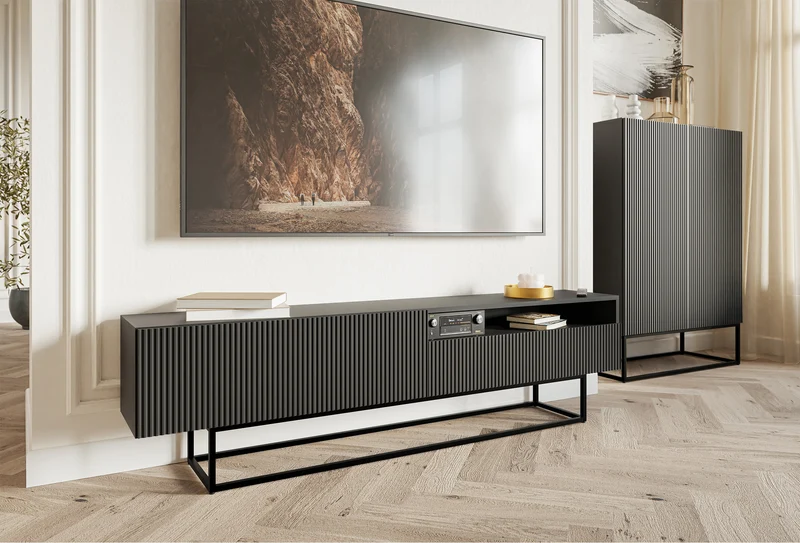 TV-Schrank Veldio mit gefräster Front und Nische, 175 cm, Schwarz mit schwarzen Beinen
