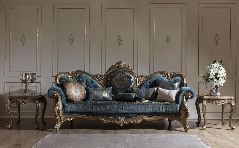 Casa Padrino Luxus Barock Wohnzimmer Set Blau / Gold - 2 Sofas & 2 Sessel & 1 Couchtisch - Prunkvolle Wohnzimmer Möbel im Barockstil
