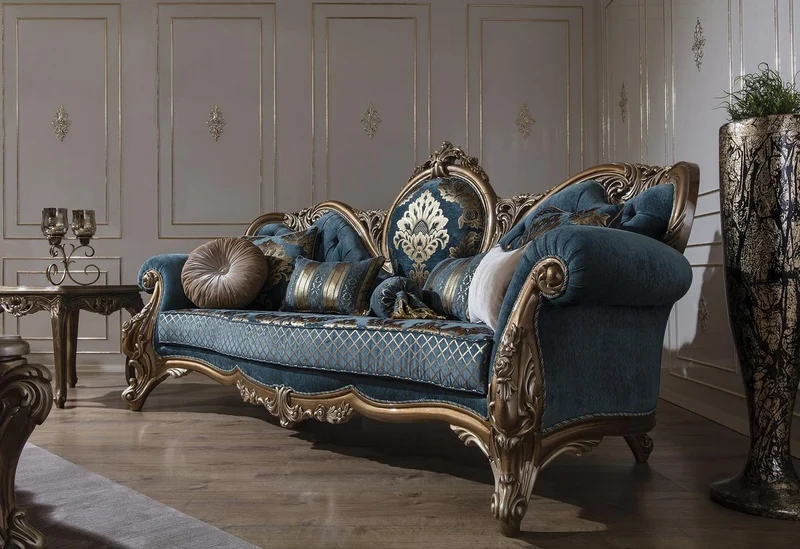 Casa Padrino Luxus Barock Wohnzimmer Set Blau / Gold - 2 Sofas & 2 Sessel & 1 Couchtisch - Prunkvolle Wohnzimmer Möbel im Barockstil