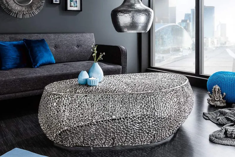 Extravaganter Couchtisch RIXOS ca.120cm Metall silber Handarbeit
