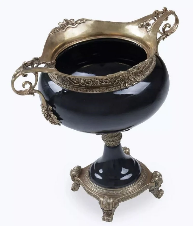 Casa Padrino Barock Porzellan Schüssel Schwarz / Bronze H. 36 cm - Barock Deko Accessoires