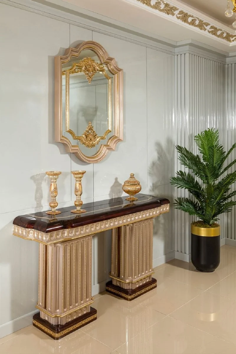 Casa Padrino Luxus Barock Konsole mit Wandspiegel Dunkelbraun / Grau / Gold - Barock Möbel