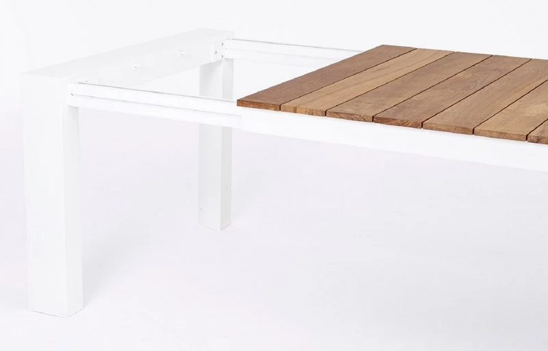 Casa Padrino Luxus Gartentisch Naturfarben / Weiß 253-384 x 110 x H. 75 cm - Ausziehbarer Garten Esstisch mit Teakholz Tischplatte und Aluminium Beinen - Luxus Garten & Terrassen Möbel
